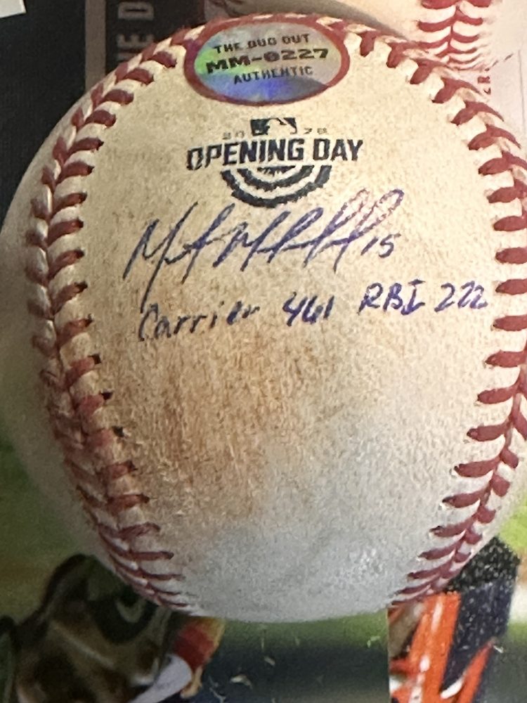 Opening Day baseball with an inscription and a The Dug Out authentic hologram