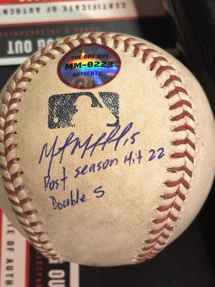 Postseason baseball with signature, inscription and The Dug Out hologram