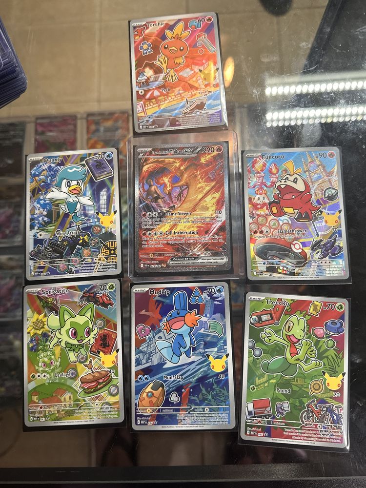 Pokémon 30th anniversary full-art promo cards including Torchic, Quaxly and Fuecoco