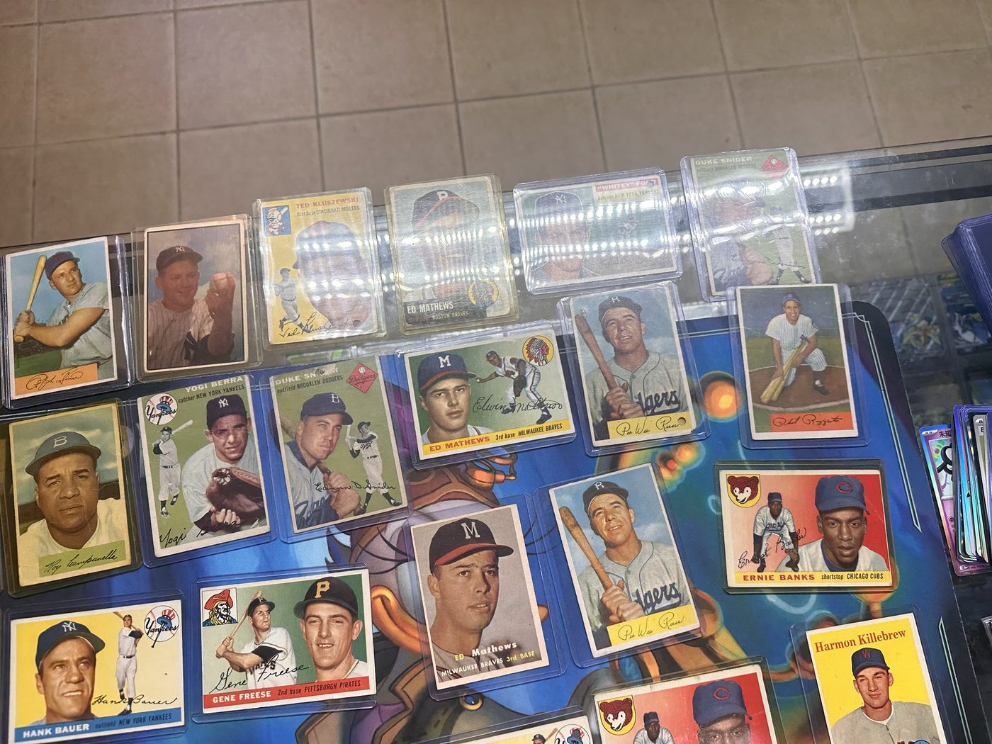 Vintage 1950s baseball cards in the display case